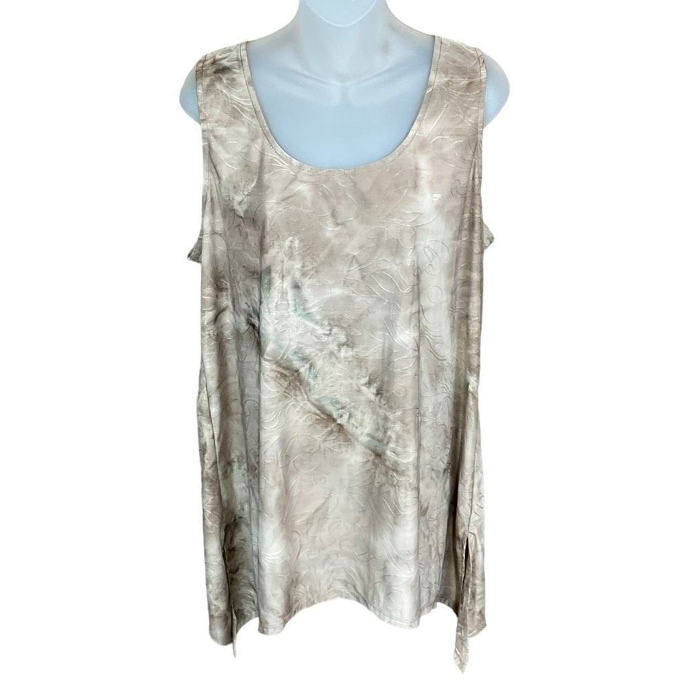 AB Studio Top Scoop Neck Tan White Shimmer Floral Embroidery Hem Side Slits XL